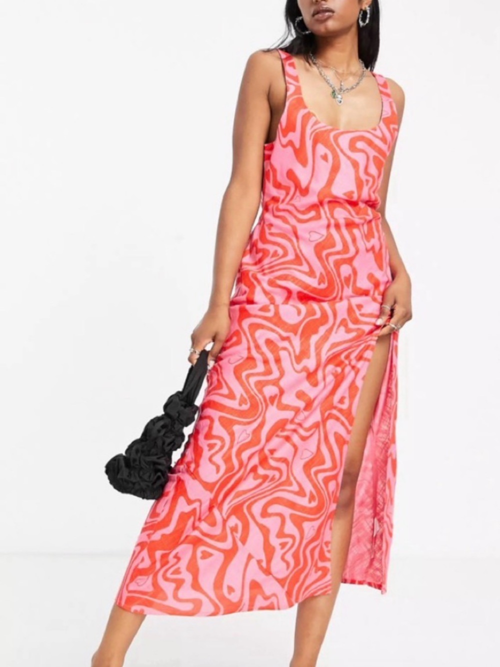 ASOS  Linen Pink & Coral Tank Maxi Dress with Side Slit